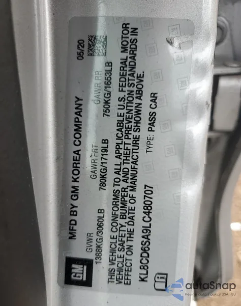 2020 Chevrolet Spark 1Lt z USA, uszkodzony, nr VIN KL8CD6SA9LC480707